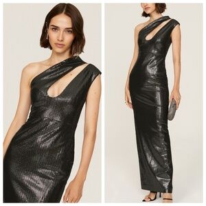 Solace London Elissa Maxi Dress Black Sequin One Shoulder Gown - Size US 6